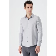 İmza Gri Uzun Kollu Desenli Armürlü Sert Yaka Cepsiz Pamuklu Slim Fit Dar Kesim Gömlek 1004235168