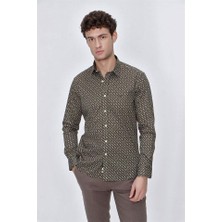 İmza Koyu Haki Uzun Kol baskılı Sert Yaka  %97 Pamuk Slim Fit Dar Kesim Klasik Gömlek 1004225140
