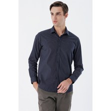 İmza Lacivert Uzun Kollu Baskılı  Sert Yaka Cepsiz  Pamuklu Klasik Slim Fit Dar Kesim Gömlek 1004235146