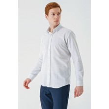 İmza Koyu Mavi Uzun Kollu Biritli Yaka Pamuklu Likralı Casual Slim Fit Gömlek 1004240233