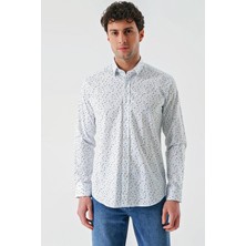 İmza Beyaz Uzun Kollu Baskılı Biritli Yaka Cepsiz Pamuklu Klasik Slim Fit Dar Kesim Gömlek 1004240216