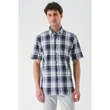 İmza Lacivert Kısa Kollu Ekoseli Cepli %100 Pamuk Klasik Comfort Fit Rahat Kesim Gömlek 1004240196