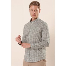 İmza Beyaz Uzun Kollu Baskılı Cepsiz Pamuklu Likralı Casual Slim Fit Dar Kesim Gömlek 1004230134