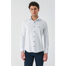 İmza Koyu Lacivert Uzun Kollu Desenli Armürlü Cepsiz Pamuklu Klasik Slim Fit Dar Kesim Gömlek 1004240189