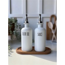 Mottogo 2'li Beyaz Gümüş Başlıklı Cam Yağdanlık Seti | Ahşap Stant | Oil-Olive Oil-Vinegar-Sauce