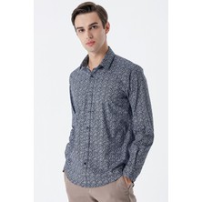 İmza Koyu Lacivert Uzun Kollu Baskılı Cepsiz Pamuklu Likralı Klasik Slim Fit Gömlek 1004235127