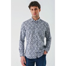 İmza Koyu Mavi Uzun Kollu Baskılı Garnili Pamuklu Casual Slim Fit Dar Kesim Gömlek 1004240211