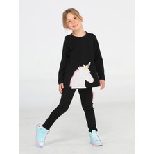 Casabony Unicorn 3 Boyutlu Siyah Kız Tunik + Tayt Takım