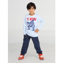 Casabony Mavi Çizgili T-Rex Erkek Çocuk Pantolon Takım