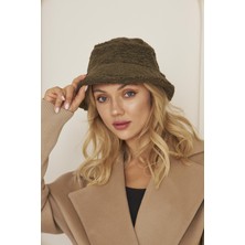 EKE TEKSTİL Haki Kadın Peluş Kova Model Balıkçı Bucket Hat Kışlık Şapka