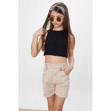 Cansın Mini Bej Yüksek Bel Çift Düğmeli Kız Çocuk Jean Şort Rahat Kesim 4 - 5 Yaş