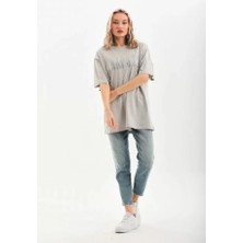 Aden Akbel Unisex Taş Desenli Oversize T-Shirt - Gri