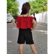 Poyraz Kids Kız Çocuk Kırmızı Puantiyeli Bluz Bel Lastikli  Şort ve Bandana Takım Bayramlık Kombin