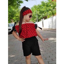 Poyraz Kids Kız Çocuk Kırmızı Puantiyeli Bluz Bel Lastikli  Şort ve Bandana Takım Bayramlık Kombin