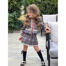 Poyraz Kids Kız Çocuk  Ekose Çizgili Ceket Piliseli Etek ve Çorap Takım Bayramlık Kombin