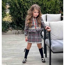 Poyraz Kids Kız Çocuk  Ekose Çizgili Ceket Piliseli Etek ve Çorap Takım Bayramlık Kombin