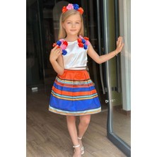 Riccotarz Kız Çocuk Sıfır Kol Üzeri 3D Gül Işlemeli Bluz Renkli Şerit Detaylı Mavi Etekli Takım