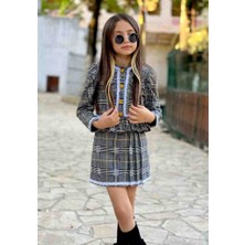 Poyraz Kids Kız Çocuk  Ekose Çizgili Ceket Piliseli Etek ve Çorap Takım Bayramlık Kombin
