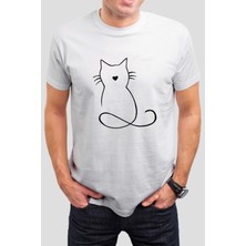 T-35 Kalp Kedi Baskılı Beyaz Unisex T-Shirt