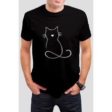 T-35 Kalp Kedi Baskılı Siyah Unisex T-Shirt
