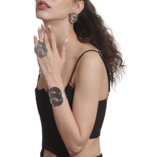 Labalaba Kadın Lak Gümüş Renk Kaplama Spiral Baskılı Tasarım Küpe &yüzük &bilekik Set