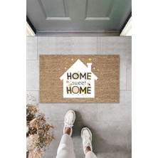 Modfex Dijital Baskı Kahverengi Home Sweet Home Yazılı Beyaz Ev Dekoratif Kapı Paspası K-2006