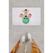 Modfex Dijital Baskı Dekoratif Mutlu Çocuklar Beyaz Kapı Önü Paspası K-1285