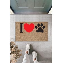 Modfex Dijital Baskı Kahverengi Kırmızı Kalpli I Love Pati Dekoratif Kapı Paspası K-2074