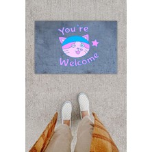 Modfex Dijital Baskı Dekoratif Welcome Kedili Antrasit Kapı Önü Paspası K-1292