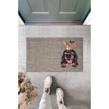 Modfex Dijital Baskı Gri Love Sweet Kafasında Külahlı Dondurmalı Köpek Dekoratif Kapı Paspası K-2055