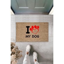 Modfex 3D Baskı Özel Tasarım    Kahverengi Kırmızı Kalpli I Love My Dog   Kapı  Paspası