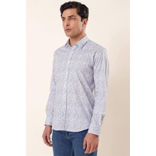 İmza Koyu Mavi Uzun Kollu Baskılı Sert Yaka Cepsiz Pamuklu Likralı Casual Slim Fit Gömlek 1004230135