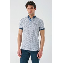 İmza Koyu Lacivert Baskılı Jakarlı Düğmeli Yaka Cepli Casual Slim Fit Dar Kesim Tişört 1011240173