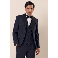 İmza Koyu Lacivert Desenli Yelekli 6 Drop Slim Fit Smokin Damatlık Takım 1001230204