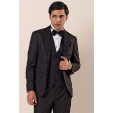İmza Siyah Desenli Çıkarılabilir Şal Yaka Yelekli 6 Drop Slim Fit Smokin Damatlık Takım 1001230203