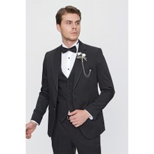 İmza Siyah Armürlü Mono Yaka Astarlı Yelekli 6 Drop Slim Fit Smokin Damatlık 1001220201