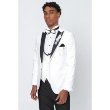 İmza Açık Krem Desenli Armürlü Kırlangıç Yaka Astarlı Yelekli 6 Drop Slim Fit Dar Kesim Smokin Damatlık 1001220206