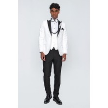 İmza Açık Krem Desenli Armürlü Kırlangıç Yaka Astarlı Yelekli 6 Drop Slim Fit Dar Kesim Smokin Damatlık 1001220206