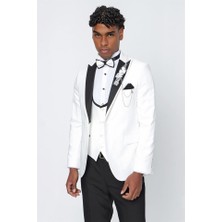 İmza Açık Krem Desenli Armürlü Kırlangıç Yaka Astarlı Yelekli 6 Drop Slim Fit Dar Kesim Smokin Damatlık 1001220206