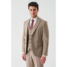 İmza Koyu Camel Gabardin Kırlangıç Yaka Yelekli Likralı 6 Drop Slim Fit Klasik Takım Elbise 1001240188