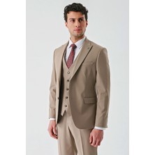 İmza Koyu Camel Gabardin Kırlangıç Yaka Yelekli Likralı 6 Drop Slim Fit Klasik Takım Elbise 1001240188