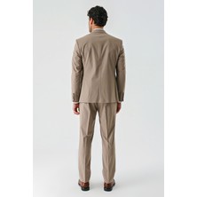 İmza Koyu Camel Gabardin Kırlangıç Yaka Yelekli Likralı 6 Drop Slim Fit Klasik Takım Elbise 1001240188