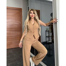 ARV Moda Pantalon Yelekli Takım Ithal Dabıl Kumaş Kadın Düğmeli Yelek Palazzo Geniş Paça Pantolon Ikili Takım