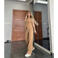 ARV Moda Pantalon Yelekli Takım Ithal Dabıl Kumaş Kadın Düğmeli Yelek Palazzo Geniş Paça Pantolon Ikili Takım