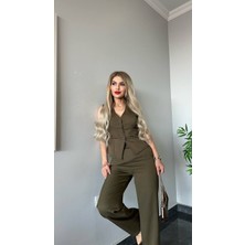 ARV Moda Pantalon Yelekli Takım Ithal Dabıl Kumaş Kadın Düğmeli Yelek Palazzo Geniş Paça Pantolon Ikili Takım