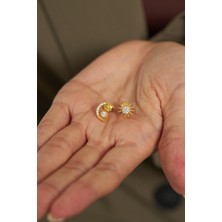 Erdobia Zirkon Taşlı Gold Güneş Ay Ikili Gümüş Küpe