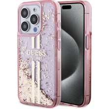 Guess iPhone 15 Pro Uyumlu Kılıf Guess Lisanslı Transparan Sıvılı Simli Altın Çizgili Kapak Pembe