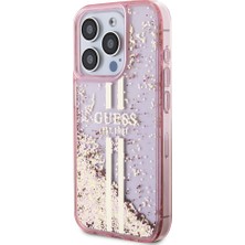 Guess iPhone 15 Pro Uyumlu Kılıf Guess Lisanslı Transparan Sıvılı Simli Altın Çizgili Kapak Pembe