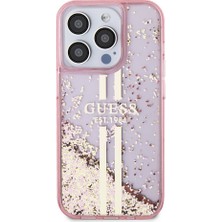 Guess iPhone 15 Pro Uyumlu Kılıf Guess Lisanslı Transparan Sıvılı Simli Altın Çizgili Kapak Pembe