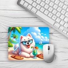 Moddy Store Deniz Manzaralı Beyaz Dil Çıkaran Köpek Tasarımlı Baskılı Kaydırmaz Taban 18X22CM Mouse Pad